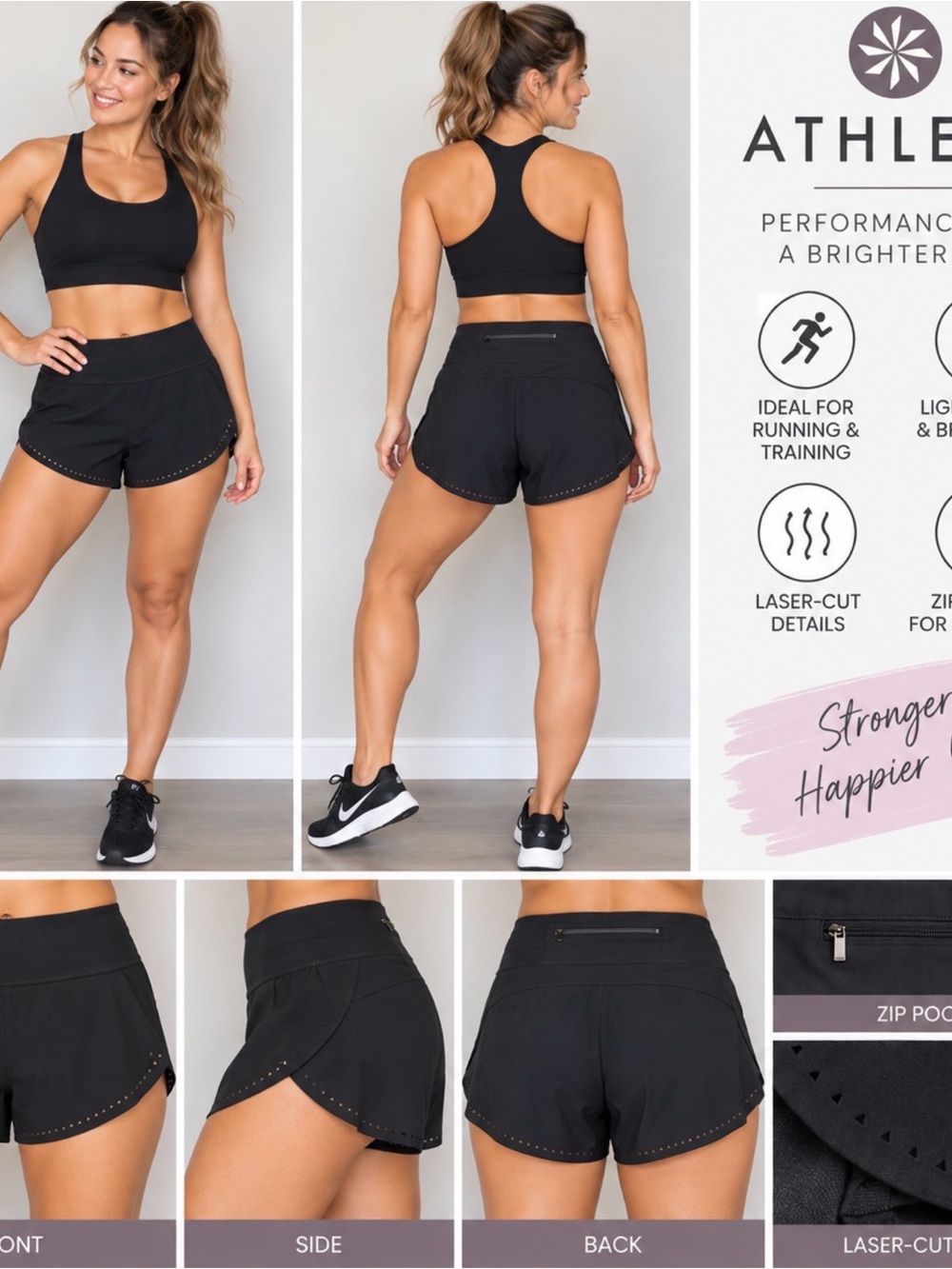 Athleta Women’s Small Black Running Shorts Laser Cut Zip Pocket Athletic